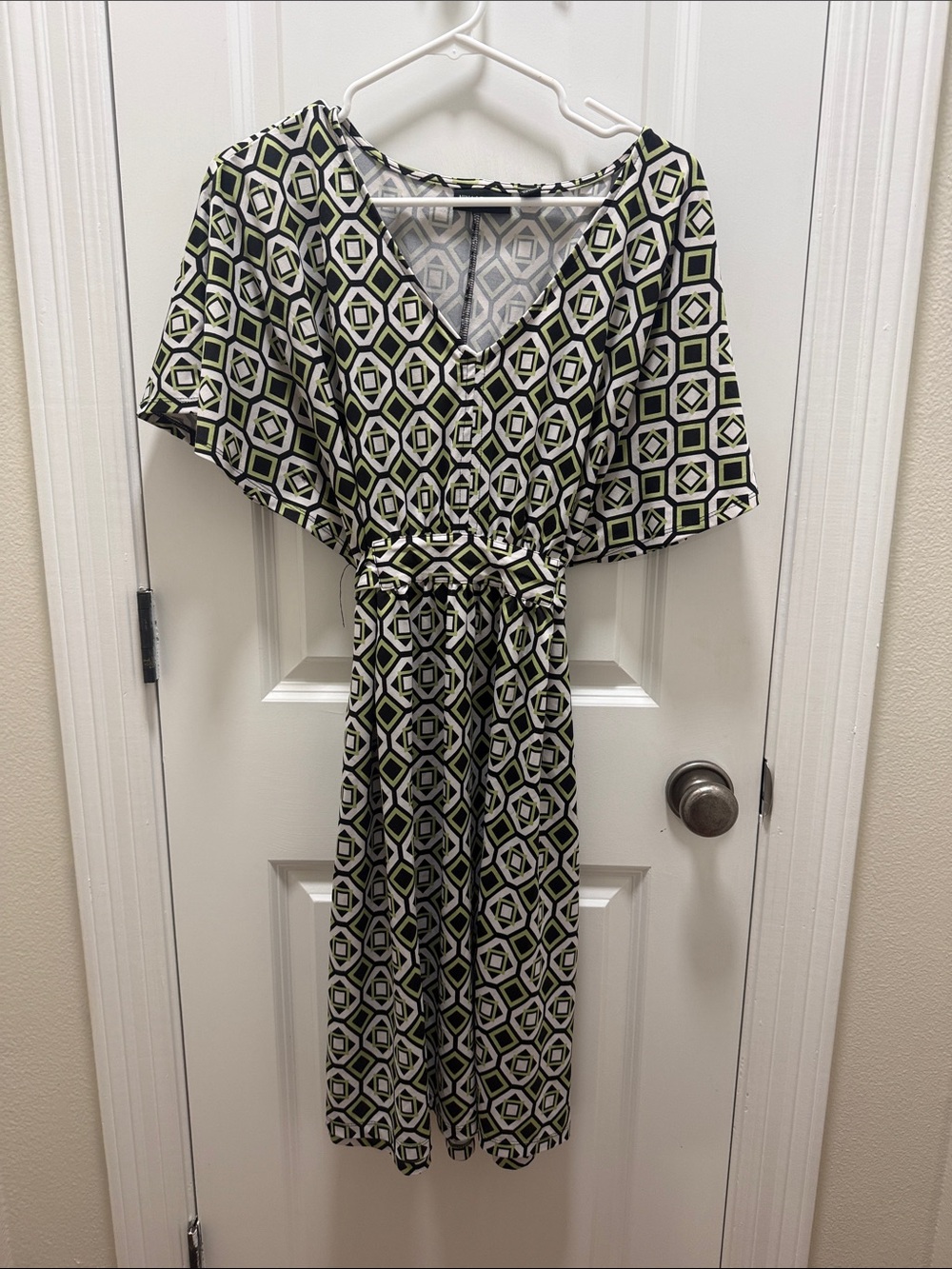 Nina Leonard Geometric V-Neck Midi Dress in Black, White & Olive